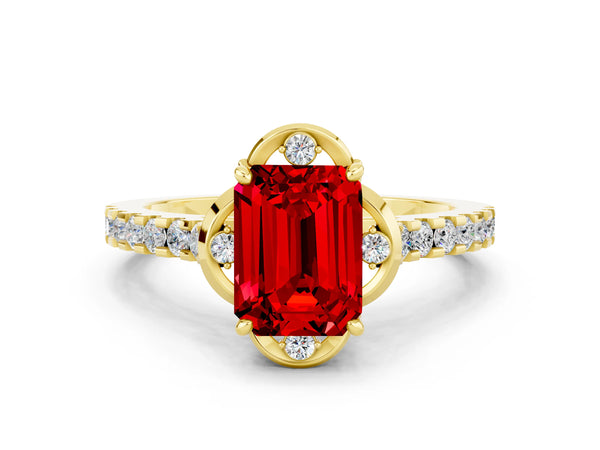 Yellow gold Emerald Cut Ruby Ring with Pavé Band and Floral Prong Setting