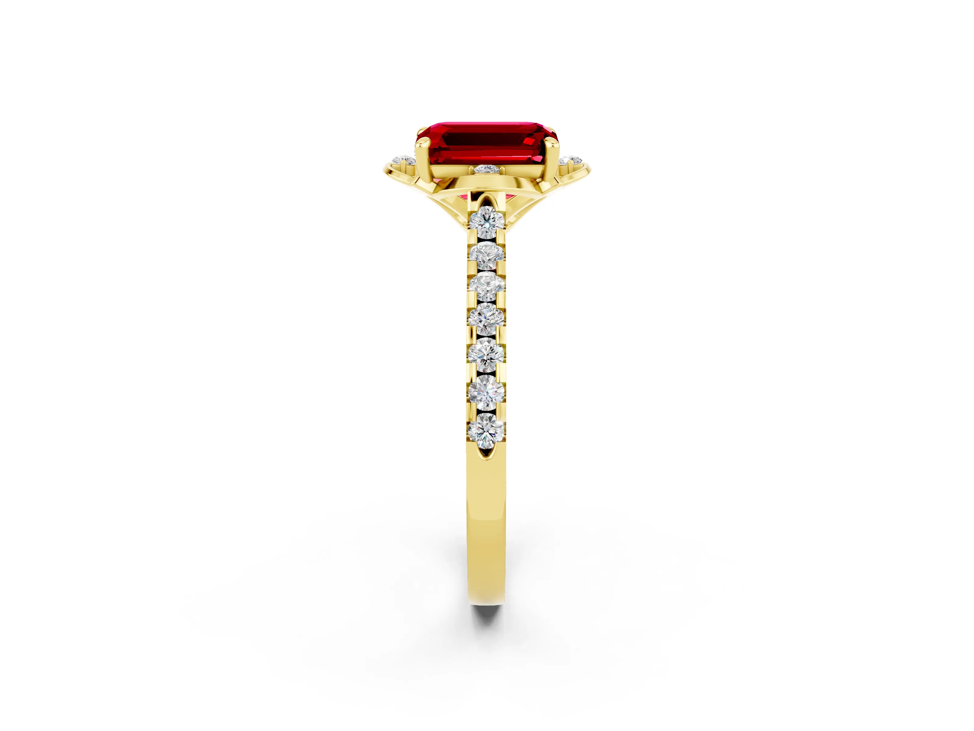 Yellow gold Emerald Cut Ruby Ring with Pavé Band and Floral Prong Setting_2