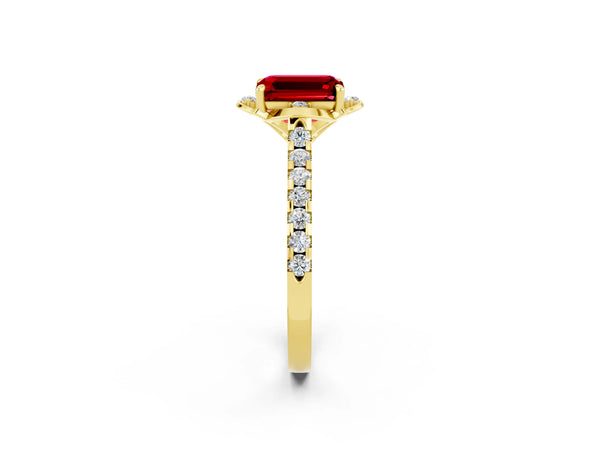 Yellow gold Emerald Cut Ruby Ring with Pavé Band and Floral Prong Setting