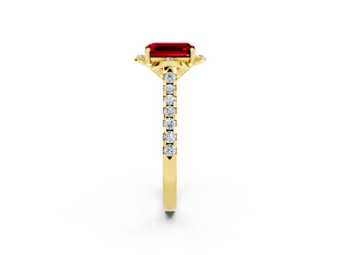 Yellow gold Emerald Cut Ruby Ring with Pavé Band and Floral Prong Setting_2
