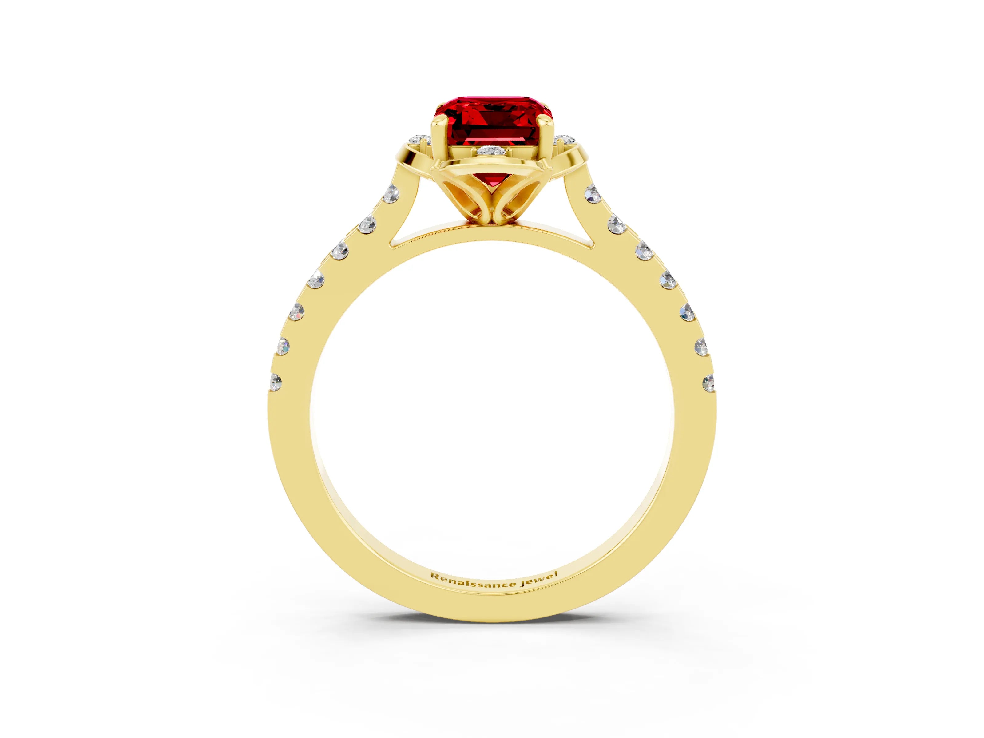 Yellow gold Emerald Cut Ruby Ring with Pavé Band and Floral Prong Setting_3