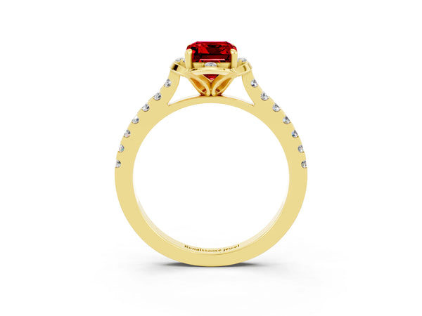 Yellow gold Emerald Cut Ruby Ring with Pavé Band and Floral Prong Setting