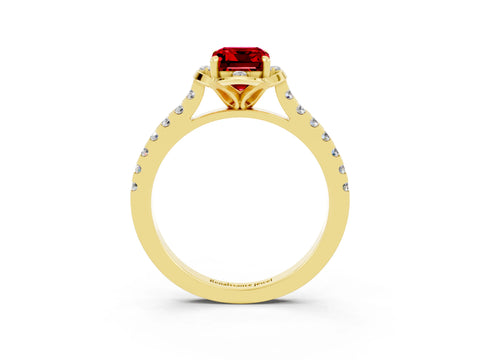 Yellow gold Emerald Cut Ruby Ring with Pavé Band and Floral Prong Setting_3