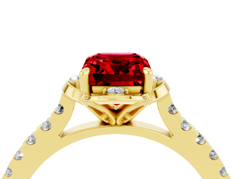 Yellow gold Emerald Cut Ruby Ring with Pavé Band and Floral Prong Setting_4