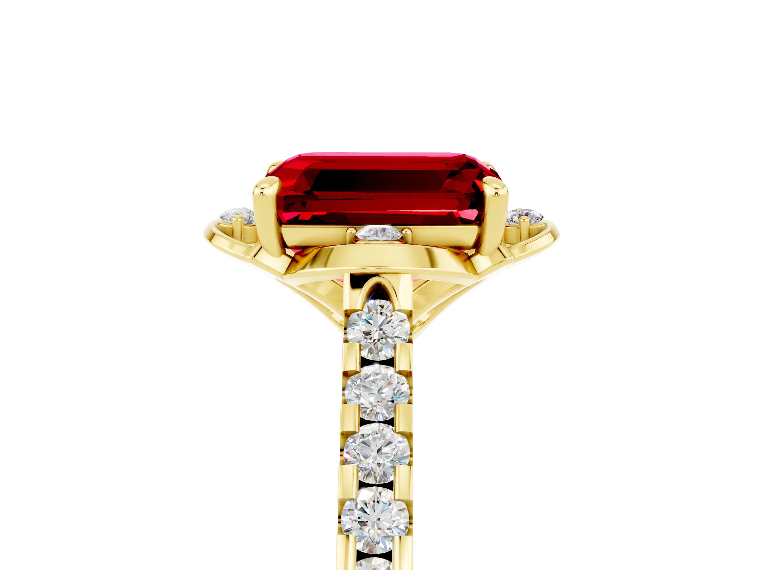 Yellow gold Emerald Cut Ruby Ring with Pavé Band and Floral Prong Setting_5