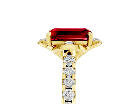 Yellow gold Emerald Cut Ruby Ring with Pavé Band and Floral Prong Setting_5