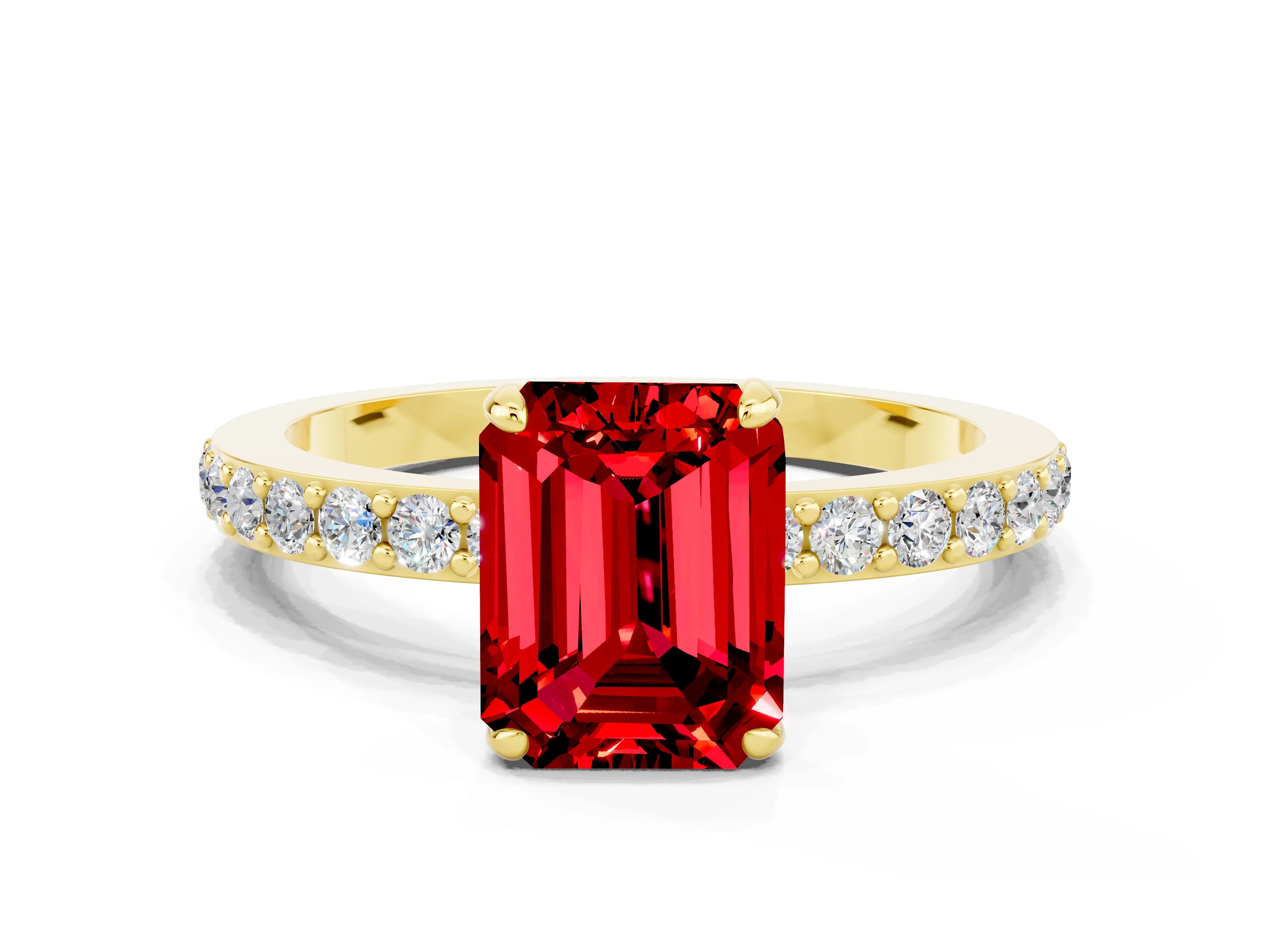 Yellow gold Emerald Cut Ruby Ring with Pavé Band and Four-Prong Setting