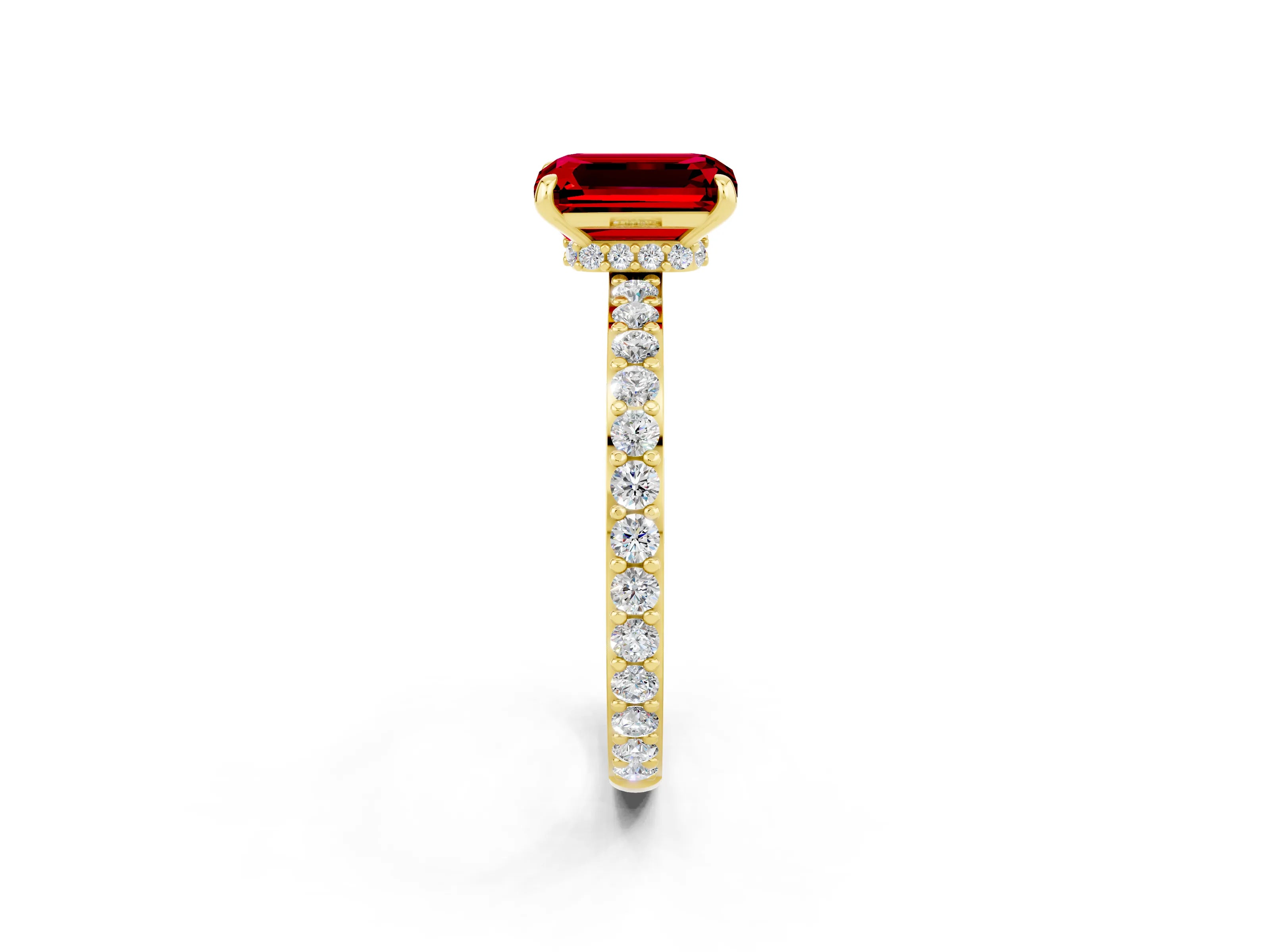 Yellow gold Emerald Cut Ruby Ring with Pavé Band and Four-Prong Setting_2