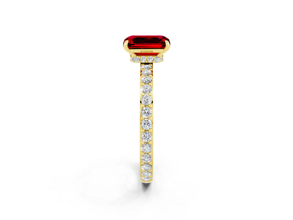 Yellow gold Emerald Cut Ruby Pavé Engagement Ring with Round  Accents and Prong Setting