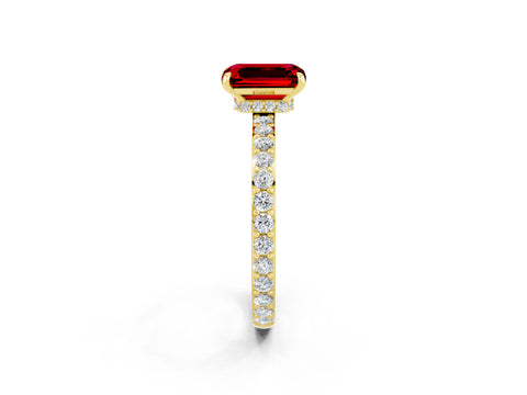 Yellow gold Emerald Cut Ruby Ring with Pavé Band and Four-Prong Setting_2
