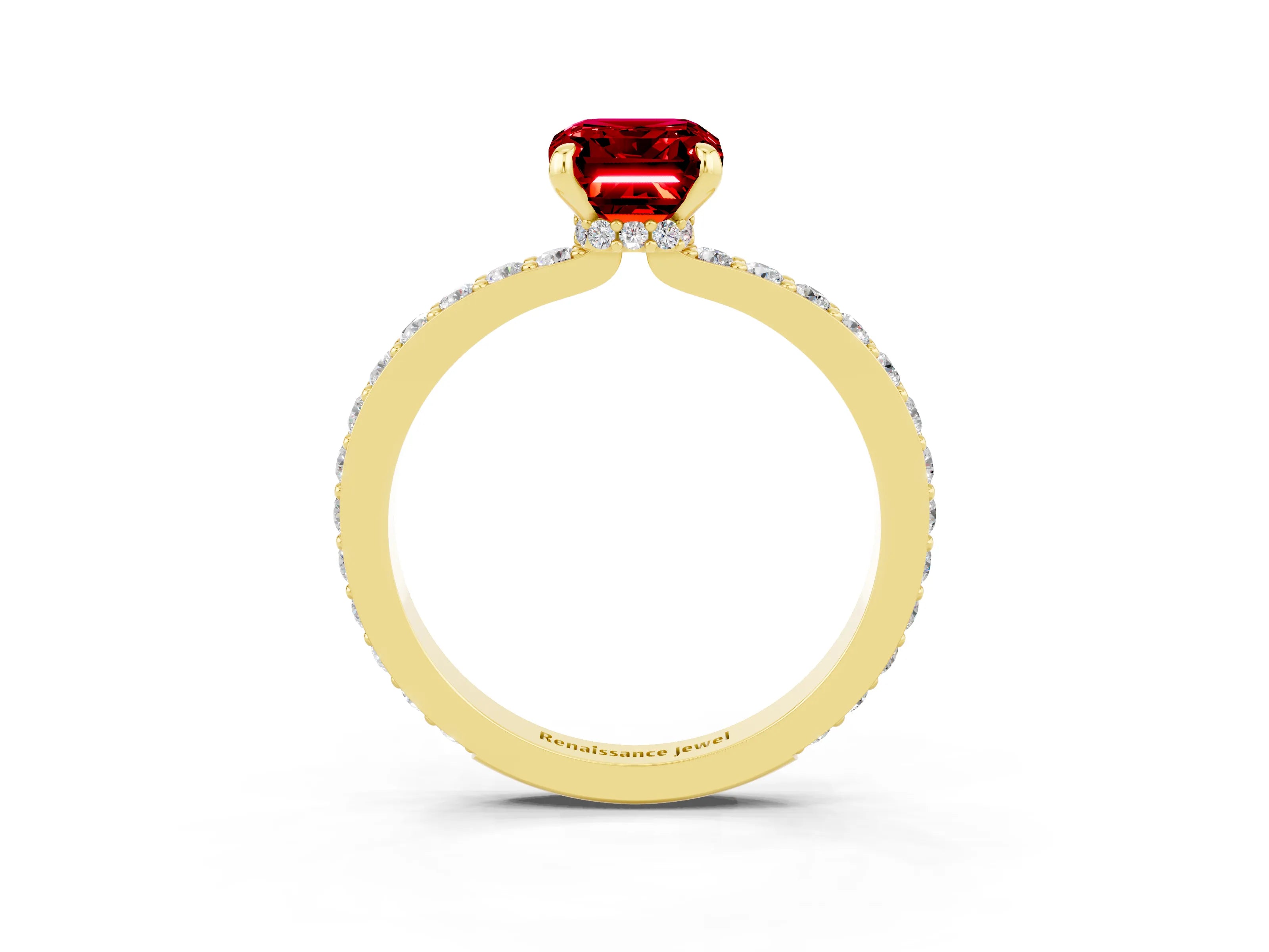 Yellow gold Emerald Cut Ruby Ring with Pavé Band and Four-Prong Setting_3