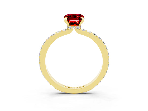 Yellow gold Emerald Cut Ruby Pavé Engagement Ring with Round  Accents and Prong Setting