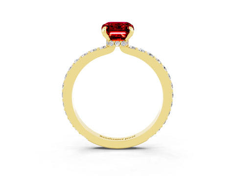 Yellow gold Emerald Cut Ruby Ring with Pavé Band and Four-Prong Setting_3