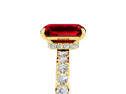 Yellow gold Emerald Cut Ruby Ring with Pavé Band and Four-Prong Setting_5
