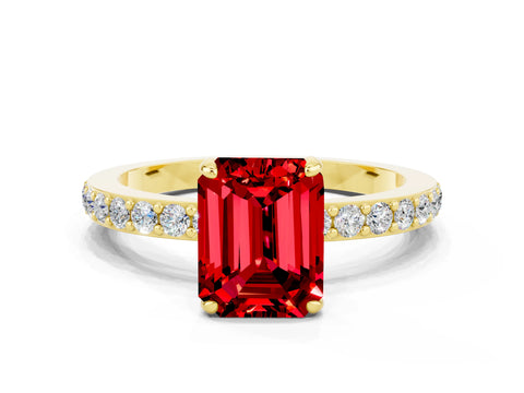 Yellow gold Emerald Cut Ruby Ring with Pavé Band and Four-Prong Setting