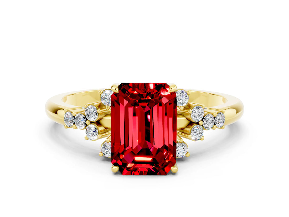 Yellow gold Emerald Cut Ruby Ring with Side Stones and Four-Prong Setting_36