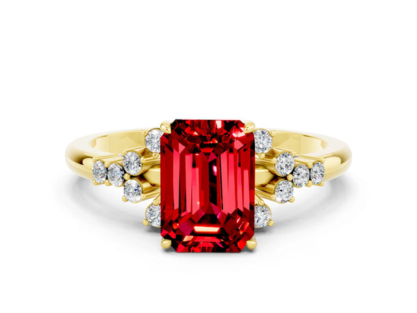 Yellow gold Emerald Cut Ruby Ring with Side Stones and Four-Prong Setting