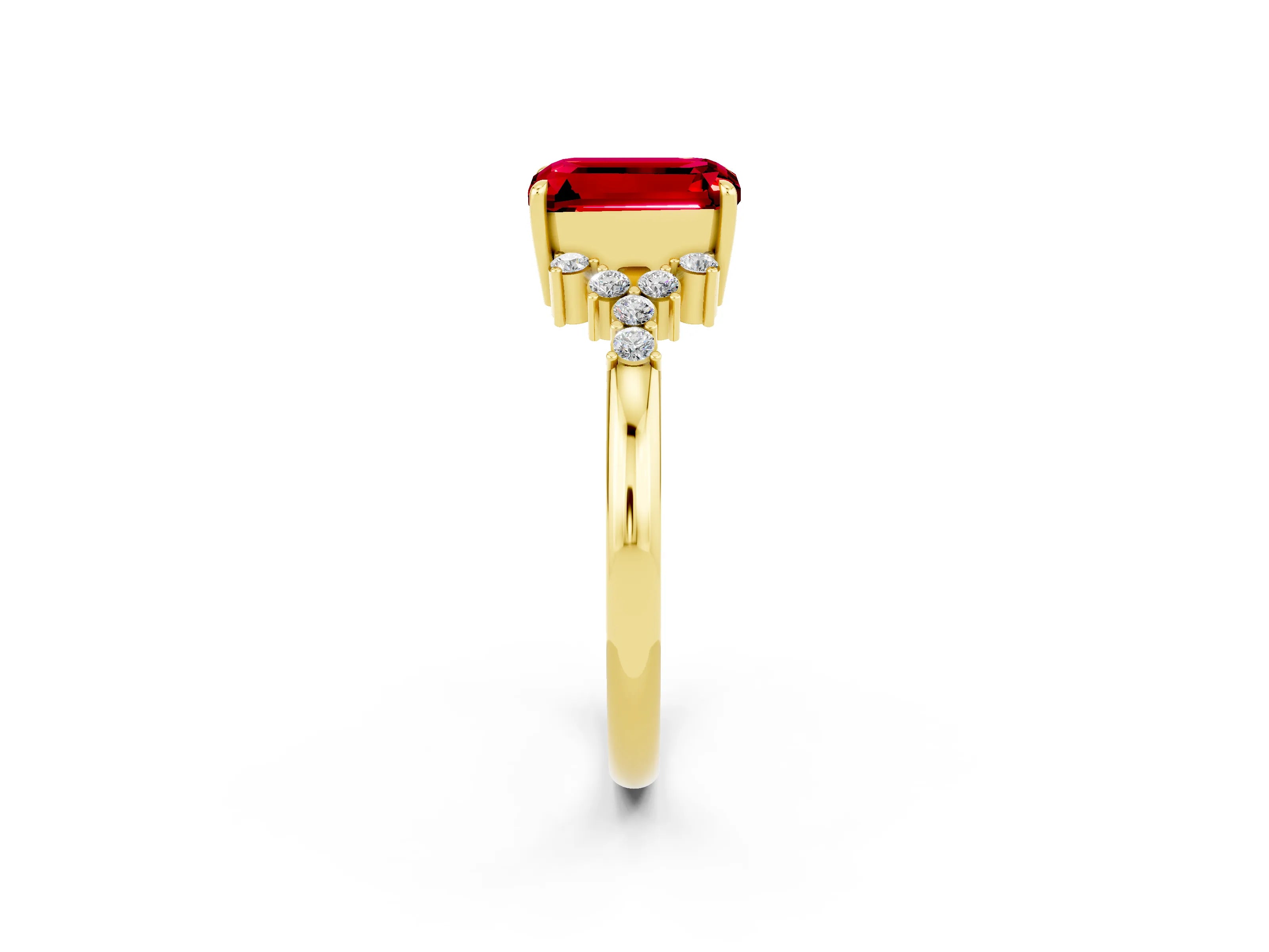 Yellow gold Emerald Cut Ruby Ring with Side Stones and Four-Prong Setting_38
