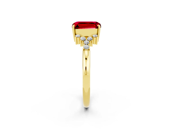 Yellow gold Emerald Cut Ruby Ring with Side Stones and Four-Prong Setting