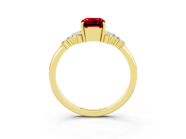 Yellow gold Emerald Cut Ruby Ring with Side Stones and Four-Prong Setting