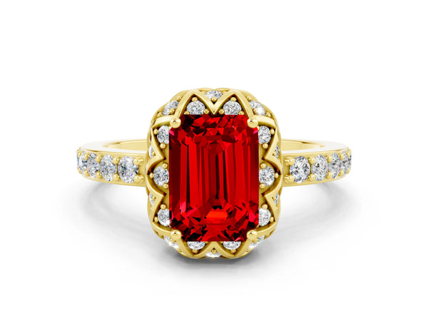 Yellow gold Emerald Cut Ruby Scalloped Halo Engagement Ring with Round Shared Prong Band