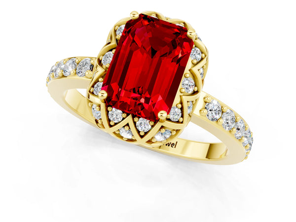 Yellow gold Emerald Cut Ruby Scalloped Halo Engagement Ring with Round Shared Prong Band