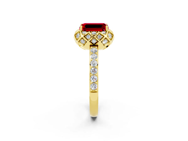 Yellow gold Emerald Cut Ruby Scalloped Halo Engagement Ring with Round Shared Prong Band