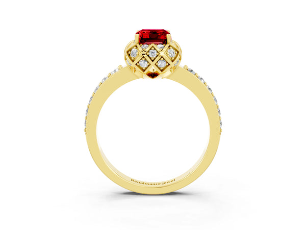 Yellow gold Emerald Cut Ruby Scalloped Halo Engagement Ring with Round Shared Prong Band