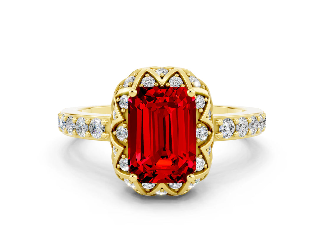 Yellow gold Emerald Cut Ruby Scalloped Halo Engagement Ring with Round Shared Prong Band_24