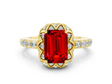 Yellow gold Emerald Cut Ruby Scalloped Halo Engagement Ring with Round Shared Prong Band_24