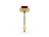 Yellow gold Emerald Cut Ruby Scalloped Halo Engagement Ring with Round Shared Prong Band_26