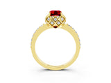Yellow gold Emerald Cut Ruby Scalloped Halo Engagement Ring with Round Shared Prong Band_27