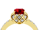 Yellow gold Emerald Cut Ruby Scalloped Halo Engagement Ring with Round Shared Prong Band_28