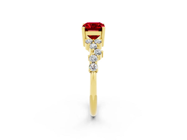 Yellow gold Emerald Cut Ruby Scattered Round Accent Ring with Prong Setting