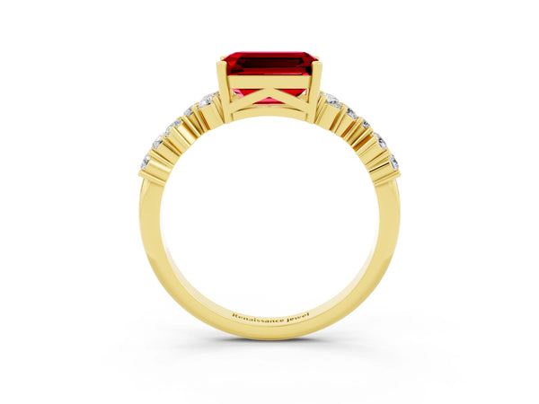 Yellow gold Emerald Cut Ruby Scattered Round Accent Ring with Prong Setting