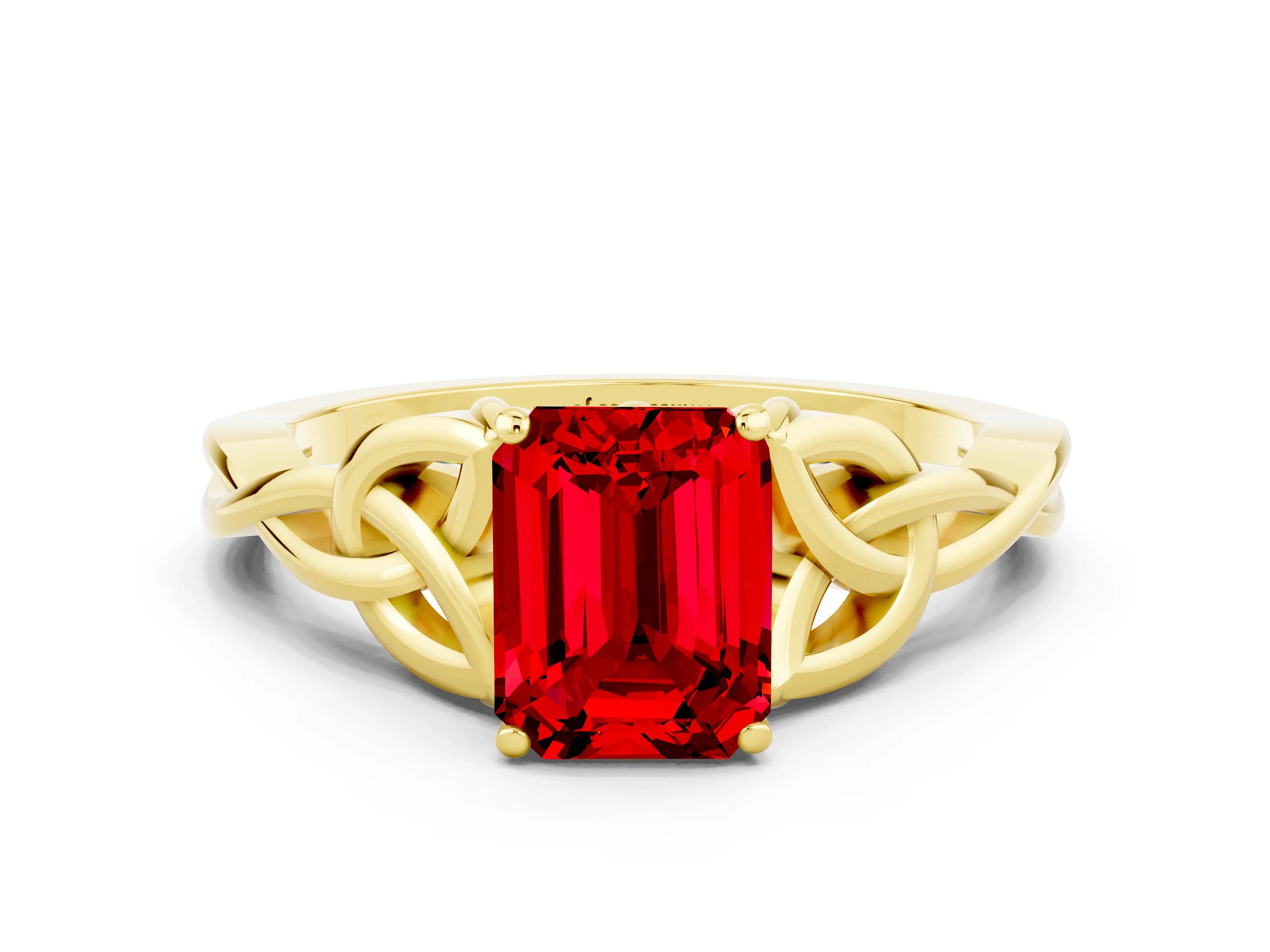 Yellow gold Emerald Cut Ruby Solitaire Celtic Knot Ring with Four-Prong Setting_12