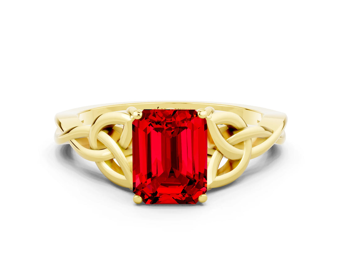 Yellow gold Emerald Cut Ruby Solitaire Celtic Knot Ring with Four-Prong Setting_12