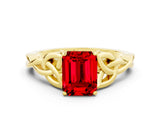 Yellow gold Emerald Cut Ruby Solitaire Celtic Knot Ring with Four-Prong Setting_12