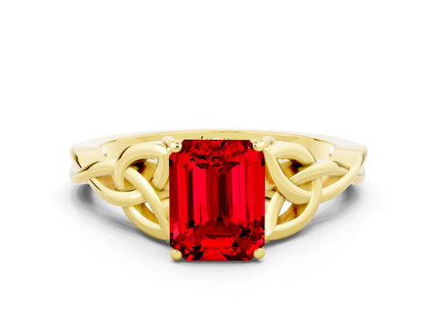 Yellow gold Emerald Cut Ruby Solitaire Celtic Knot Ring with Four-Prong Setting_12