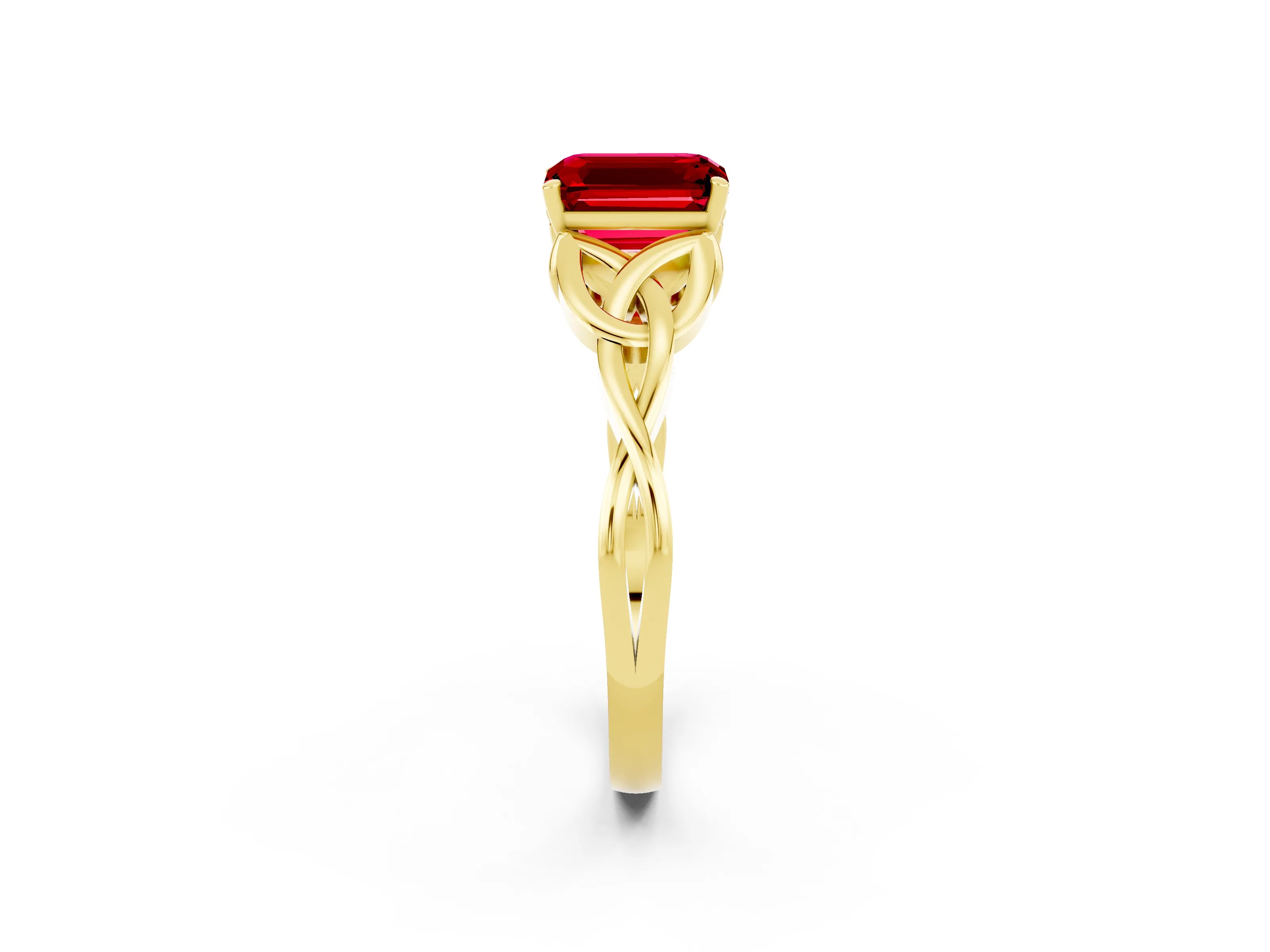 Yellow gold Emerald Cut Ruby Solitaire Celtic Knot Ring with Four-Prong Setting_14