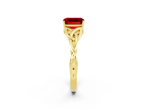 Yellow gold Emerald Cut Ruby Solitaire Celtic Knot Ring with Four-Prong Setting_14