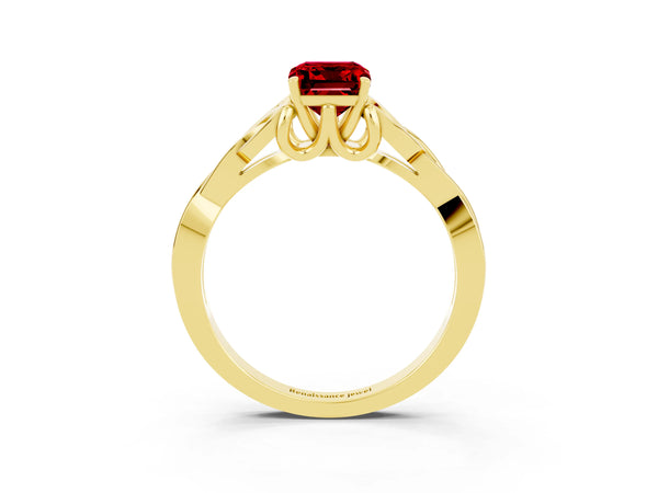 Yellow gold Emerald Cut Ruby Solitaire Celtic Knot Ring with Four-Prong Setting