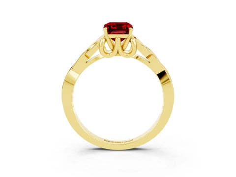 Yellow gold Emerald Cut Ruby Solitaire Celtic Knot Ring with Four-Prong Setting_15