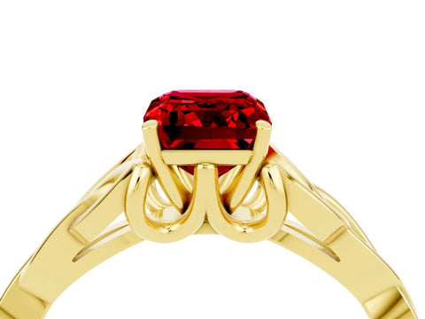 Yellow gold Emerald Cut Ruby Solitaire Celtic Knot Ring with Four-Prong Setting_16
