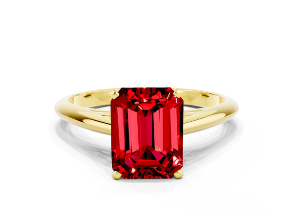 Yellow gold Emerald Cut Ruby Solitaire Engagement Ring with Cathedral Setting and Four-Prong Mount