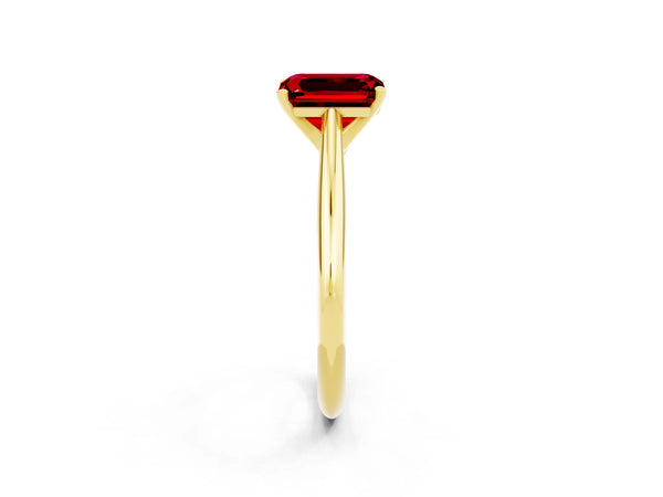 Yellow gold Emerald Cut Ruby Solitaire Engagement Ring with Cathedral Setting and Four-Prong Mount