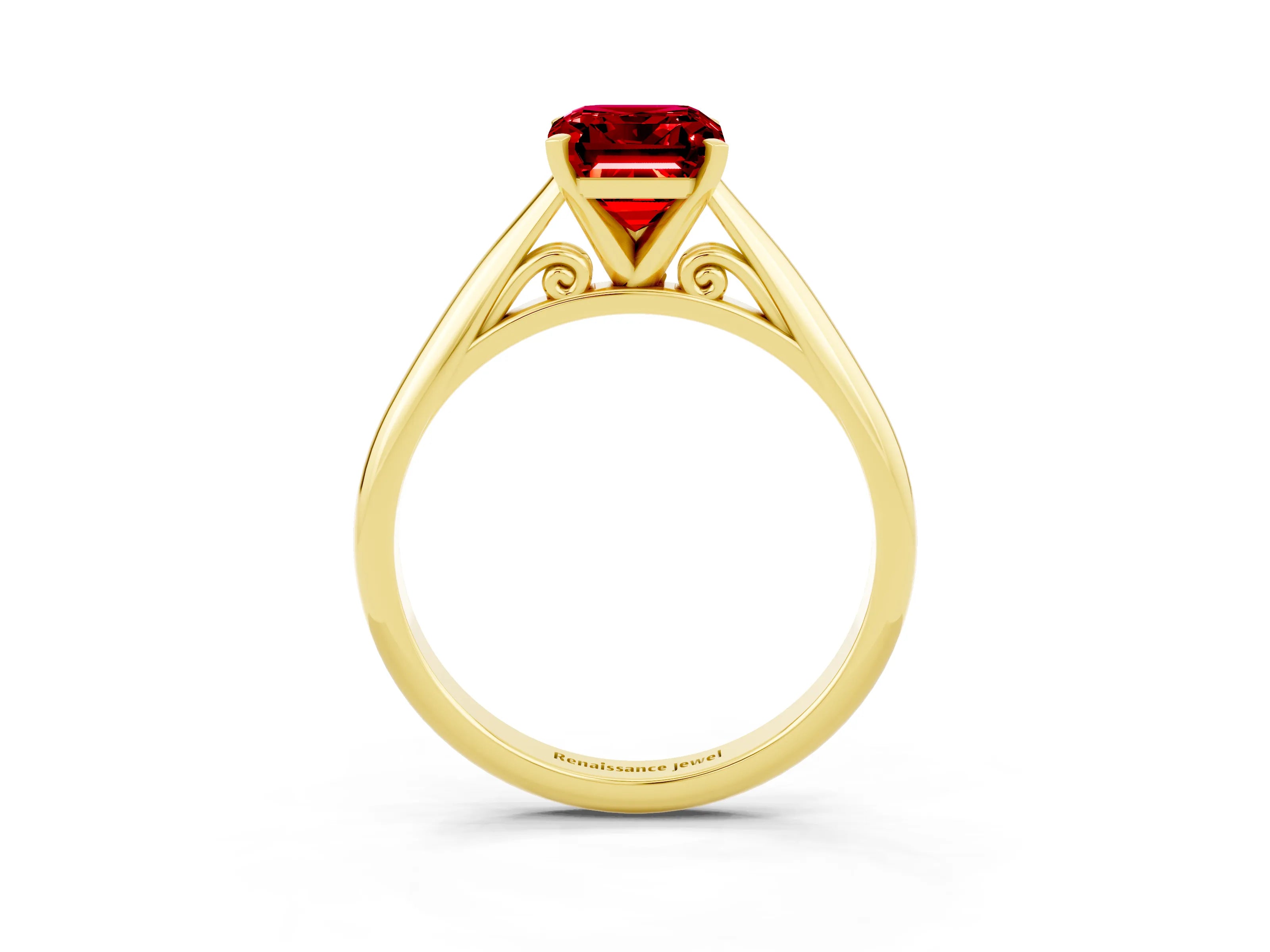 Yellow gold Emerald Cut Ruby Solitaire Engagement Ring with Cathedral Setting and Four-Prong Mount_15