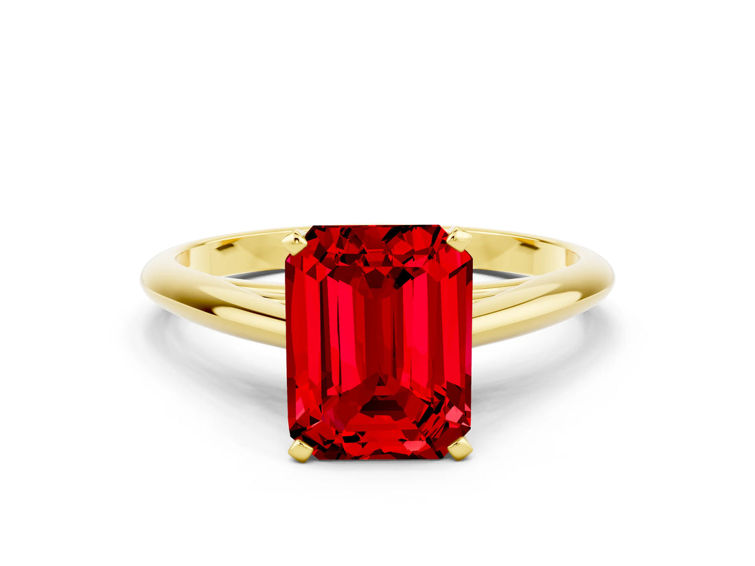 Yellow gold Emerald Cut Ruby Solitaire Engagement Ring with Cathedral Setting and Four-Prong Mount_30