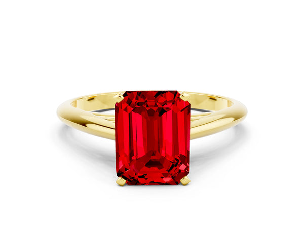 Yellow gold Emerald Cut Ruby Solitaire Engagement Ring with Cathedral Setting and Four-Prong Mount