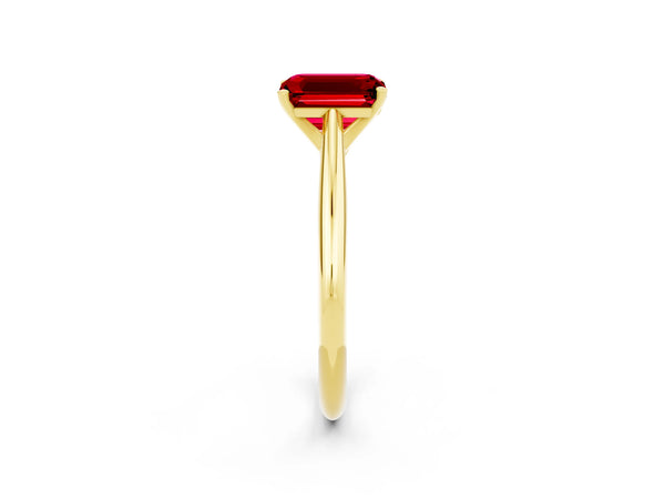 Yellow gold Emerald Cut Ruby Solitaire Engagement Ring with Cathedral Setting and Four-Prong Mount